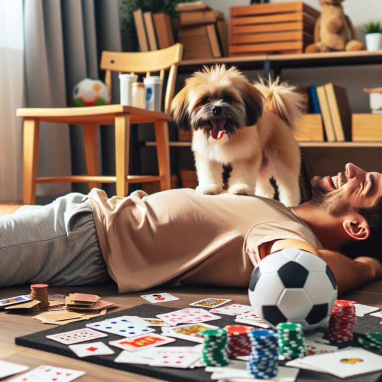 Ein kleiner Hund freudig spielend auf einer liegenden Person-klettert