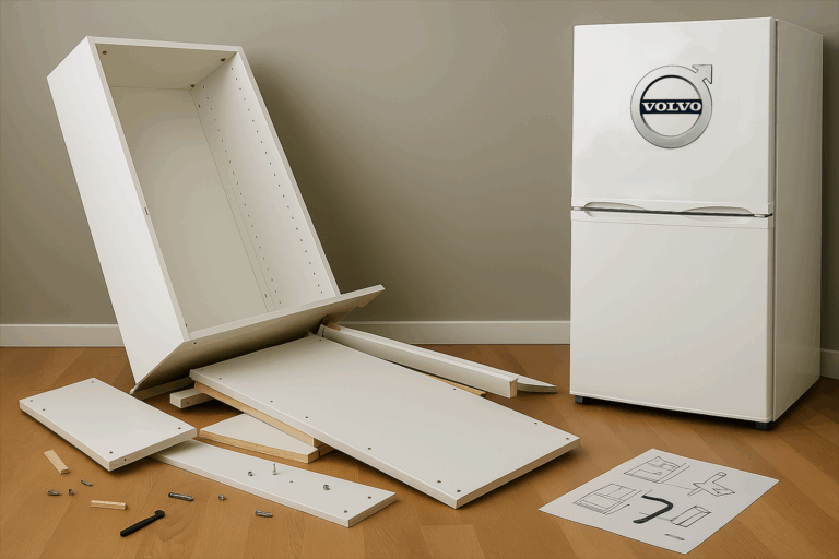 IKEA-Schrank im Aufbau, Kühlschrank und Volvo-Logo
