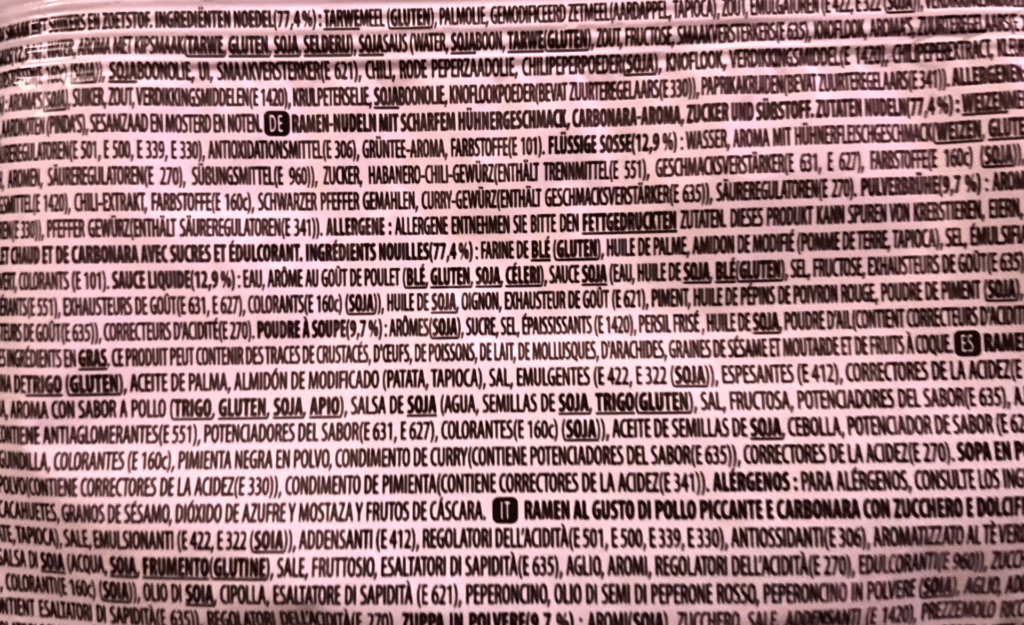 Zutatenliste auf Buldak-Ramen